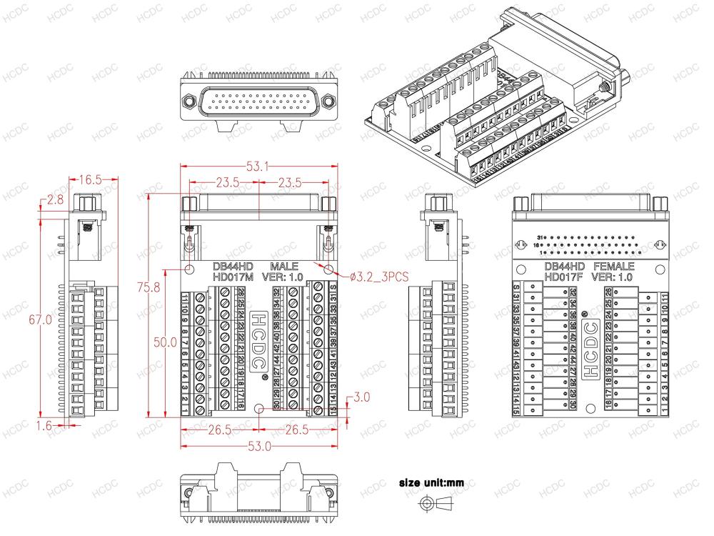 Slim Right Angle D-SUB Header Breakout Board Terminal Block DSUB Connector Module (DB44HD Male)