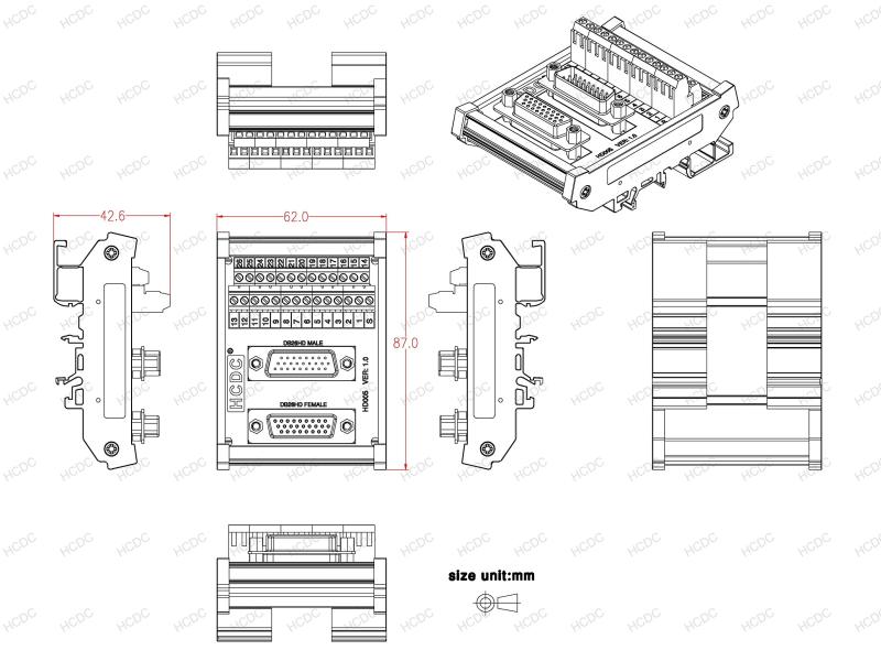 DIN Rail Mount D-SUB Male-Female Interface Module Terminal Block Breakout Board (DB26HD)