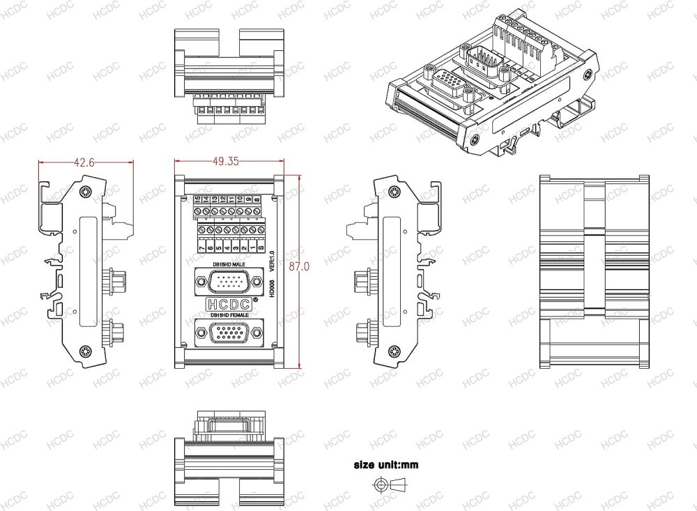 DIN Rail Mount D-SUB Male-Female Interface Module Terminal Block Breakout Board (DB15HD)