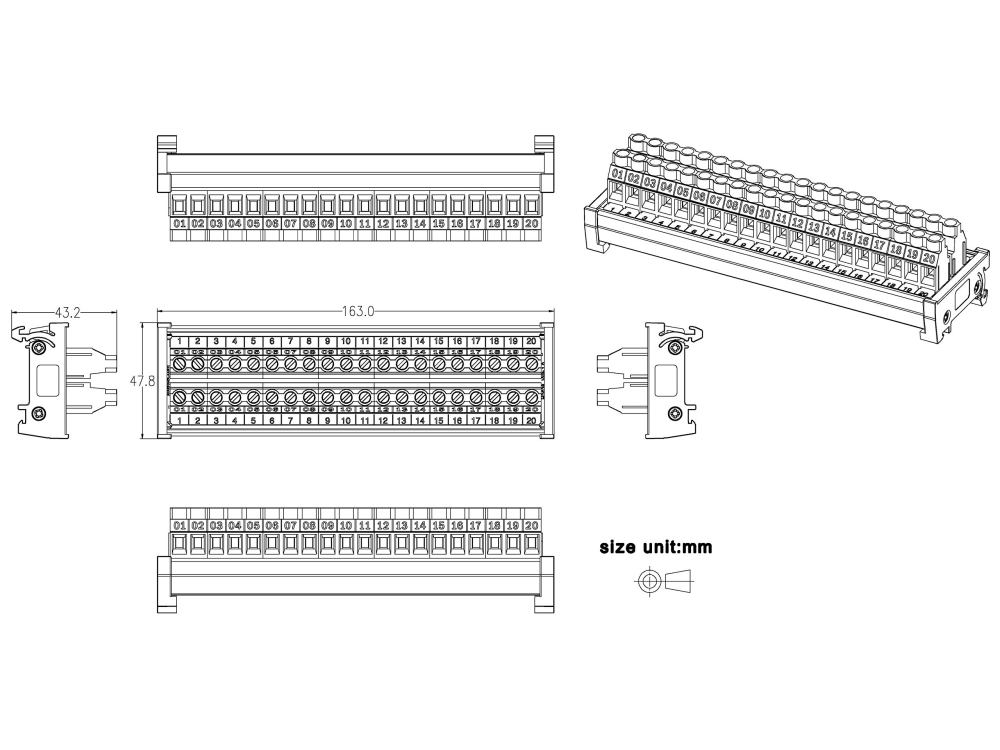 20 Position 30Amp/300V Screw Terminal Block Distribution Module (DIN Rail Mount)
