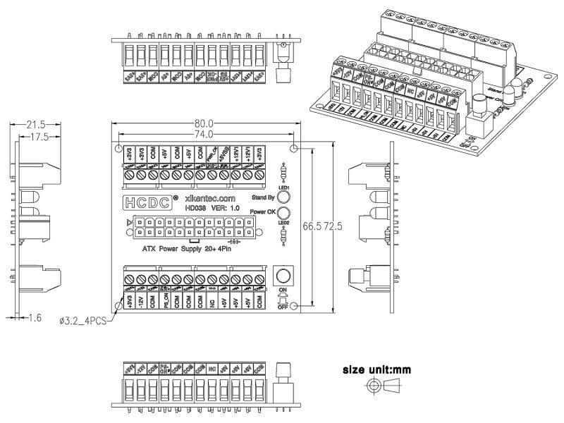 HCDC 24/20-pin ATX DC Power Supply Breakout Board Module