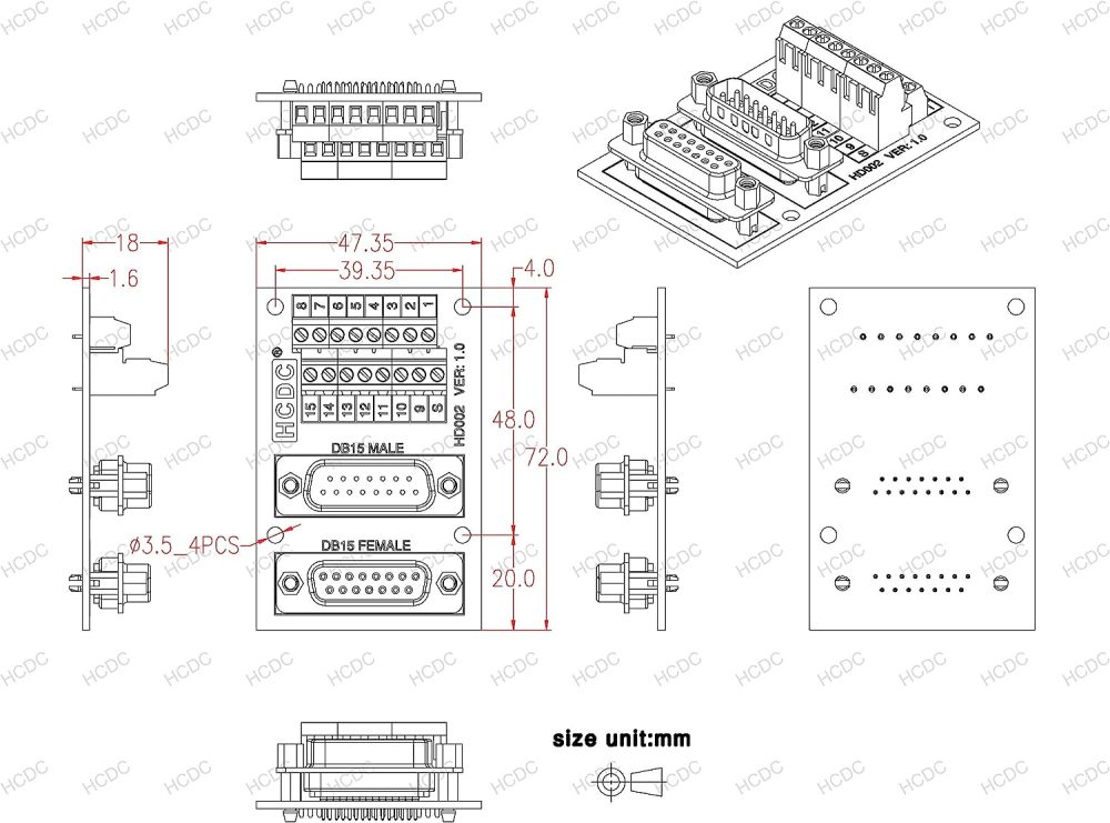 D-SUB Male-Female Breakout Board Terminal Block Interface Module (DB15)
