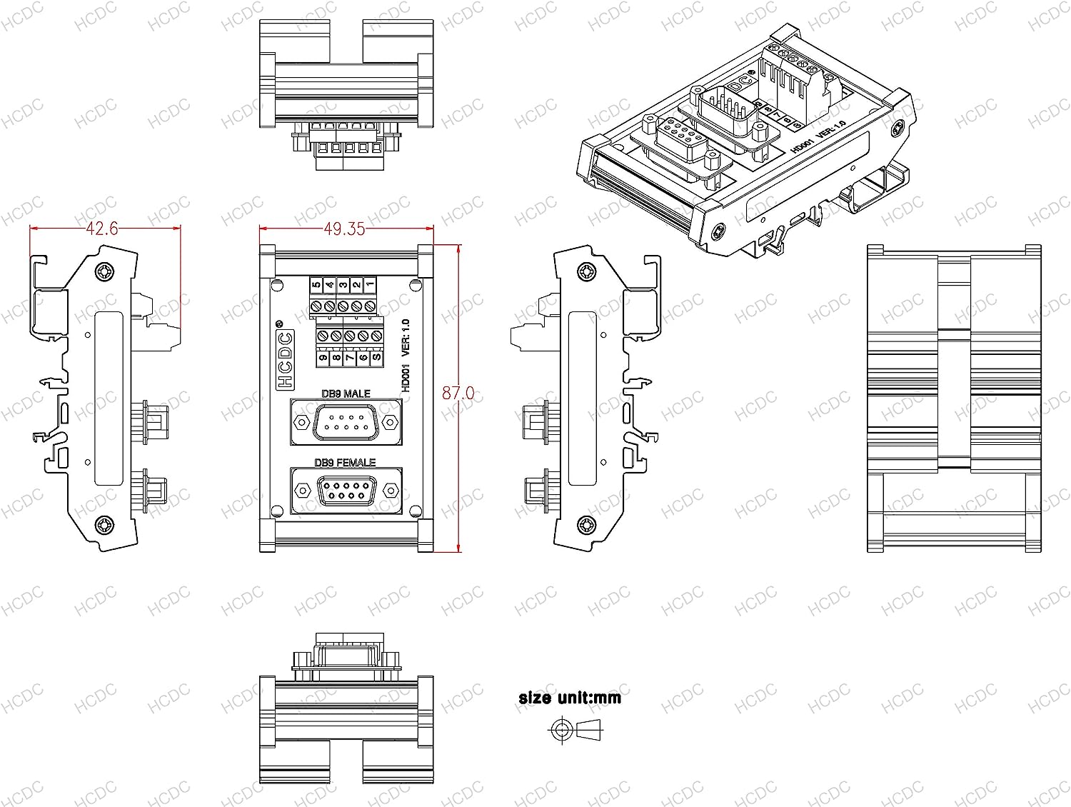 Module D'interface DB25 D-Sub Mâle/femelle Pour Rail DIN - Bornier à Vis - Compatible Automates