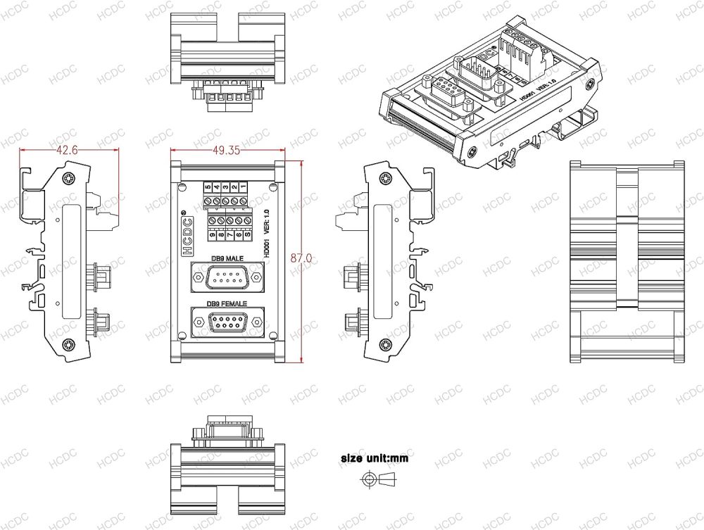 DIN Rail Mount D-SUB Male-Female Interface Module Terminal Block Breakout Board (DB9)