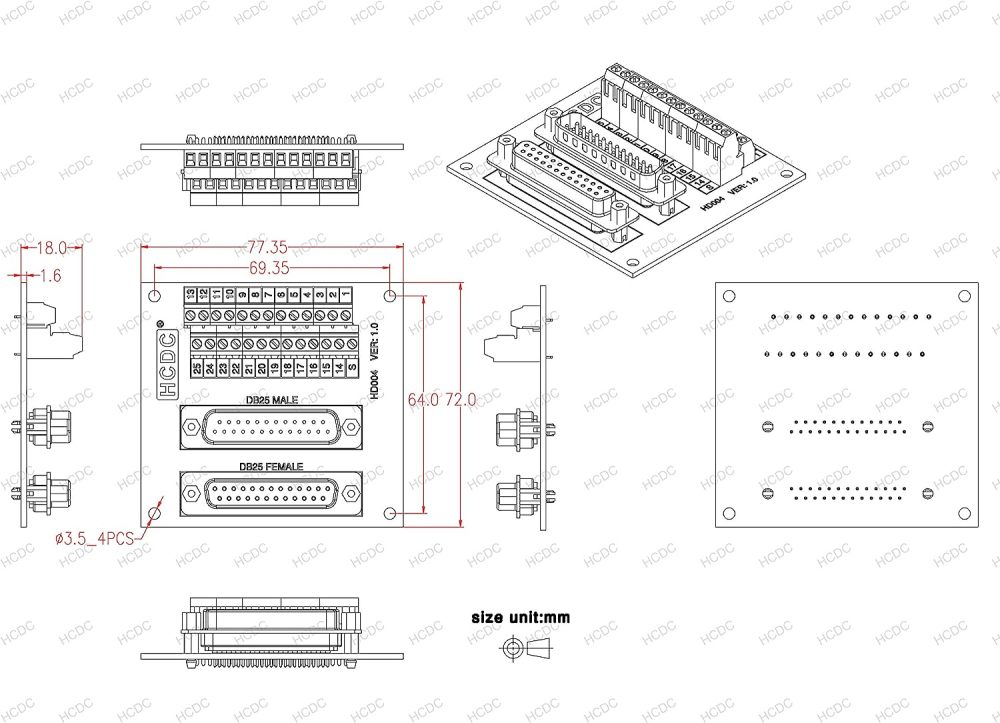 D-SUB Male-Female Breakout Board Terminal Block Interface Module (DB25)