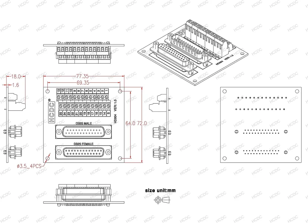 D-SUB Male-Female Breakout Board Terminal Block Interface Module (DB25)