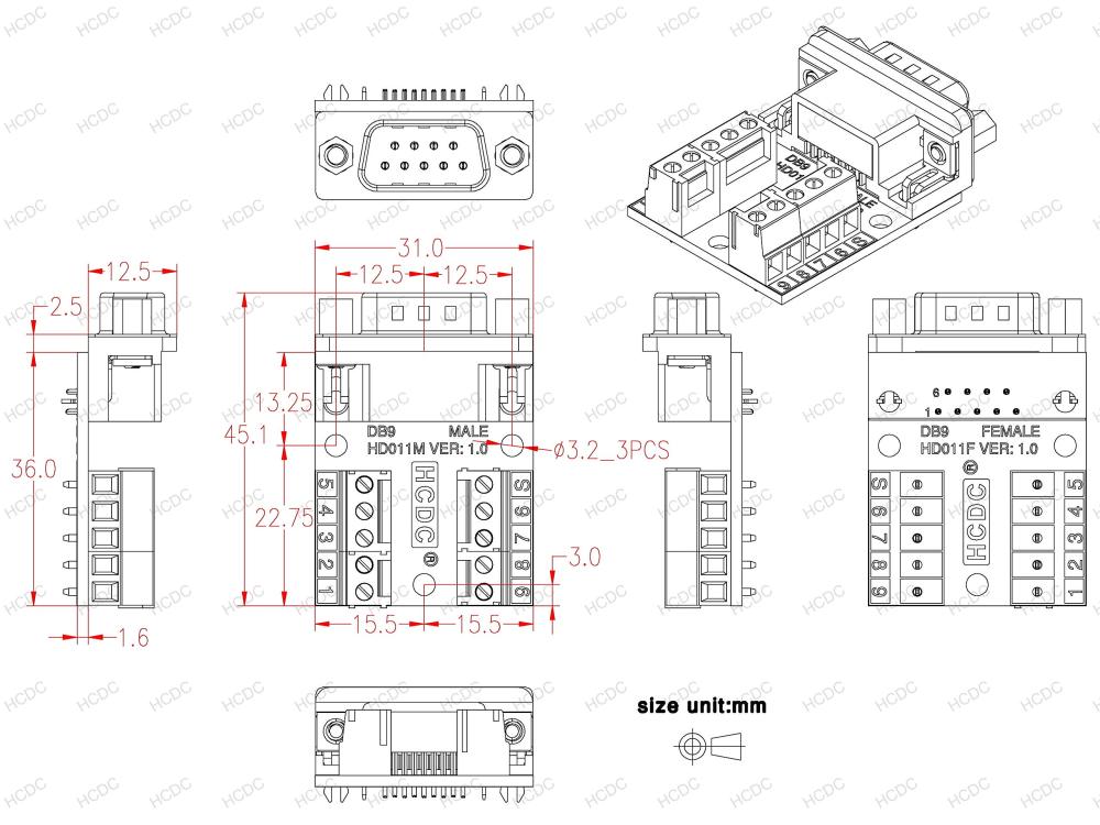 Slim Right Angle D-SUB Header Breakout Board Terminal Block DSUB Connector Module (DB9 Male)