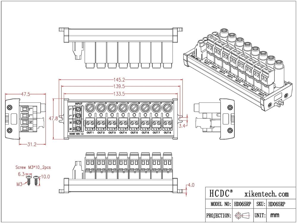 Screw Mount AC 24-250V 8 Channel Pluggable Side Wiring Terminal Block Power Distribution Fuse Module, HCDC HD065RP