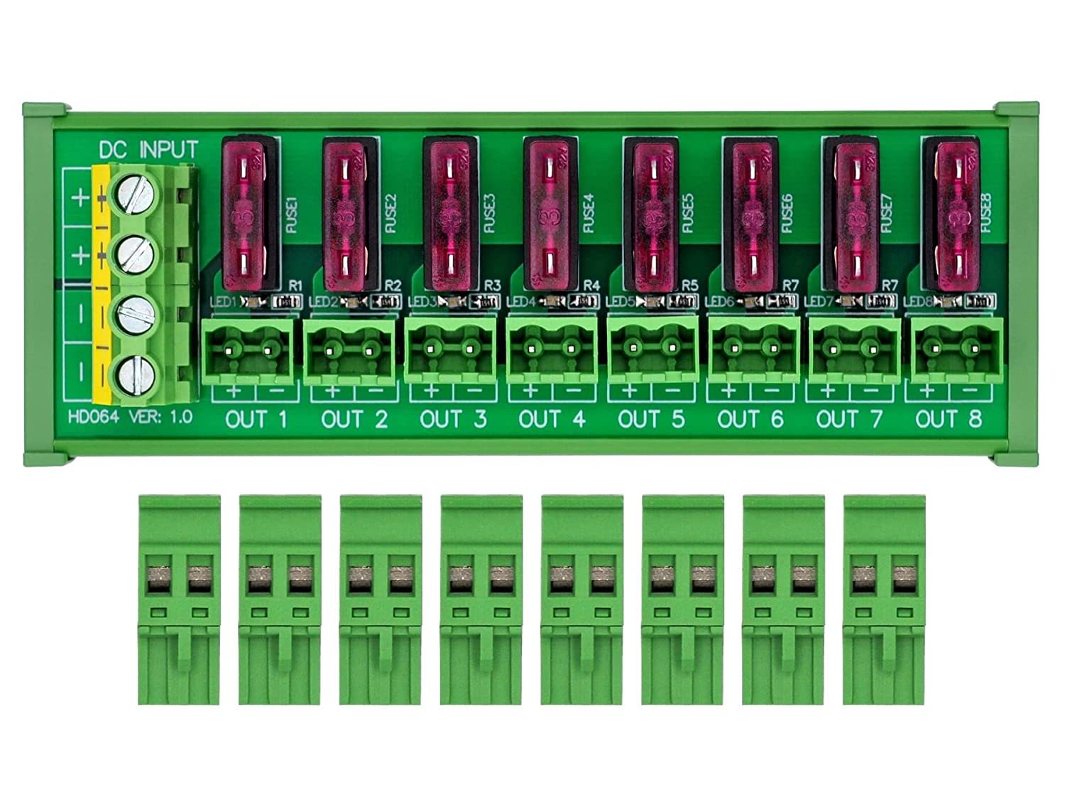 DIN Rail Mount DC 5-32V 8 Channel Pluggable Side Wiring Terminal Block Power Distribution Fuse Module, HCDC HD064RT