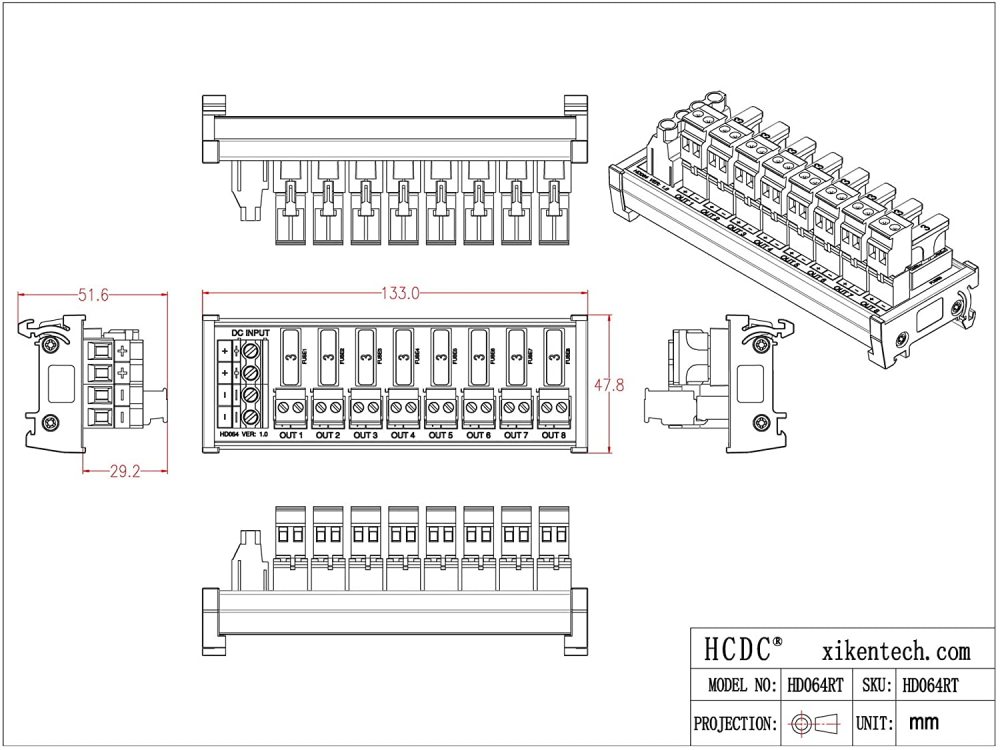 DIN Rail Mount DC 5-32V 8 Channel Pluggable Side Wiring Terminal Block Power Distribution Fuse Module, HCDC HD064RT