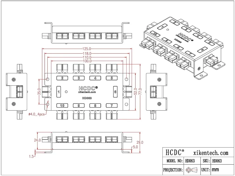 HCDC HD063 10 Position DC Power Distribution Block Module for 15/30/45A Connectors