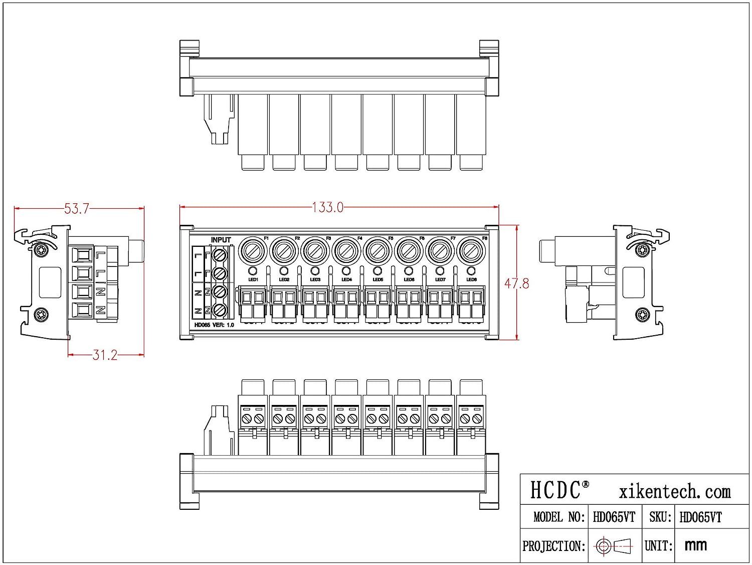 DIN Rail Mount AC 24-250V 8 Channel Pluggable Top Wiring Terminal Block Power Distribution Fuse Module, HCDC HD065VT