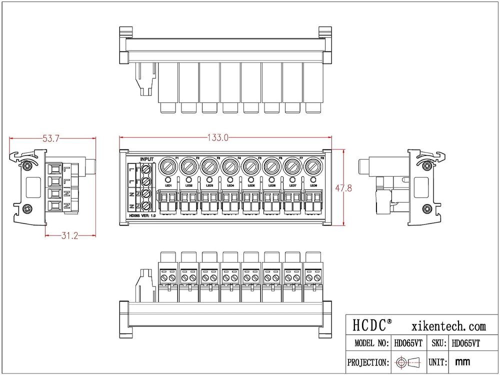 DIN Rail Mount AC 24-250V 8 Channel Pluggable Top Wiring Terminal Block Power Distribution Fuse Module, HCDC HD065VT