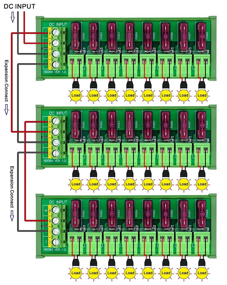 DIN Rail Mount DC 5-32V 8 Channel Pluggable Top Wiring Terminal Block Power Distribution Fuse Module, HCDC HD064VT