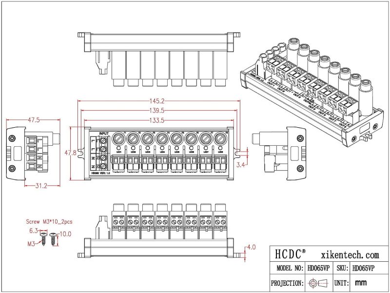 Screw Mount AC 24-250V 8 Channel Pluggable Top Wiring Terminal Block Power Distribution Fuse Module, HCDC HD065VP