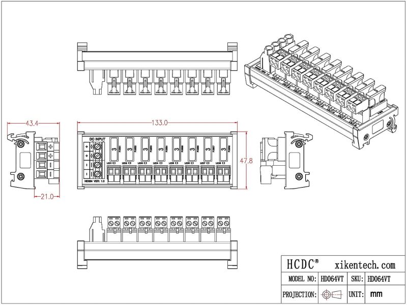 DIN Rail Mount DC 5-32V 8 Channel Pluggable Top Wiring Terminal Block Power Distribution Fuse Module, HCDC HD064VT