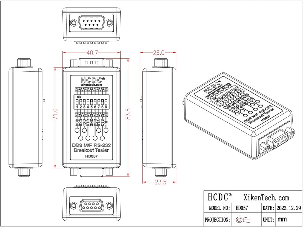 HCDC RS232 Breakout Tester LED Monitor, DB9 Male to Female Breakout Module, HD057
