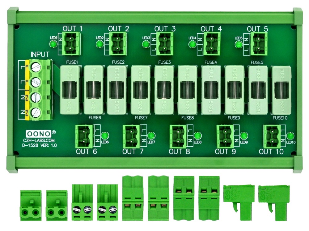 DIN Rail Mount Fused AC 24-250V 10 Position Pluggable Terminal Block Power Distribution Module