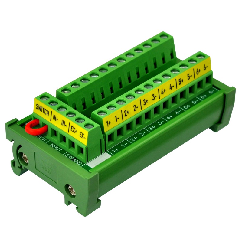 DIN Rail Mount 16Amp 12 Position Terminal Block Distribution Module, with External Switch and Expand Port