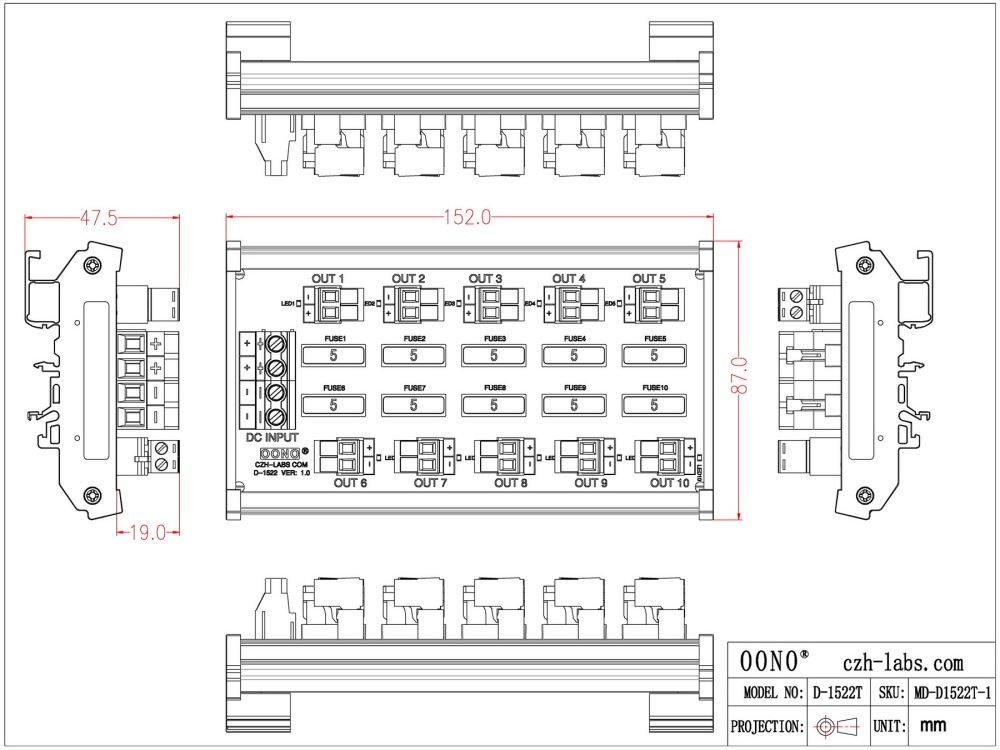 DIN Rail Mount DC 5-32V 10 Position Pluggable Screw Terminal Block Power Distribution Module