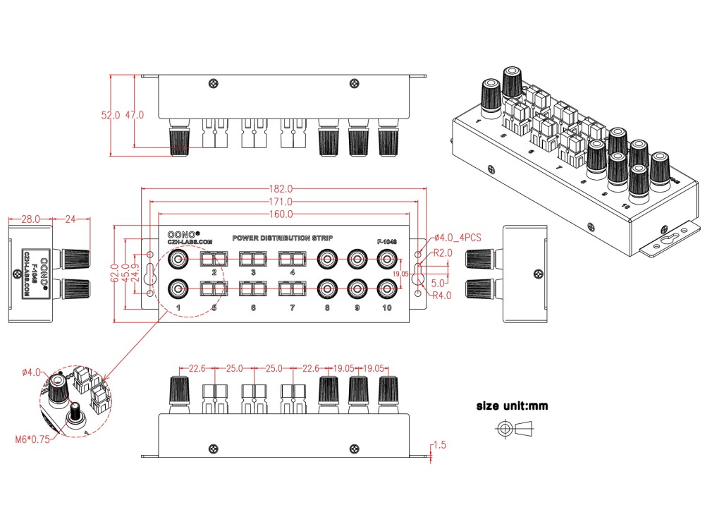 F-1048 Banana Jack and Powerpole 10 Outlet Power Distribution Strip Box
