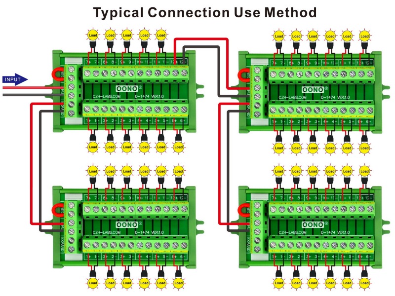 DIN Rail Mount 16Amp 12 Position Terminal Block Distribution Module, with External Switch and Expand Port