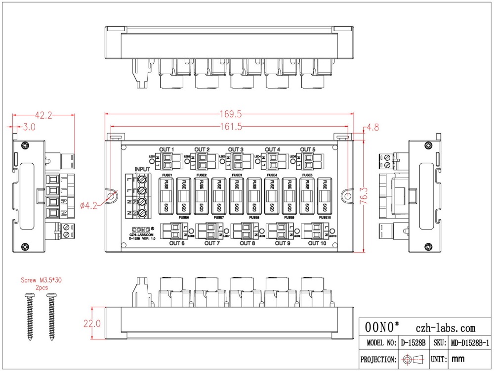 Screw Mount Fused AC 24-250V 10 Position Pluggable Terminal Block Power Distribution Module