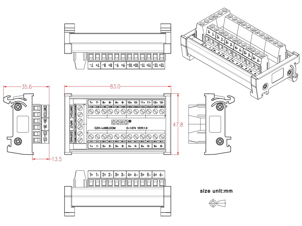 DIN Rail Mount 16Amp 12 Position Terminal Block Distribution Module, with External Switch and Expand Port