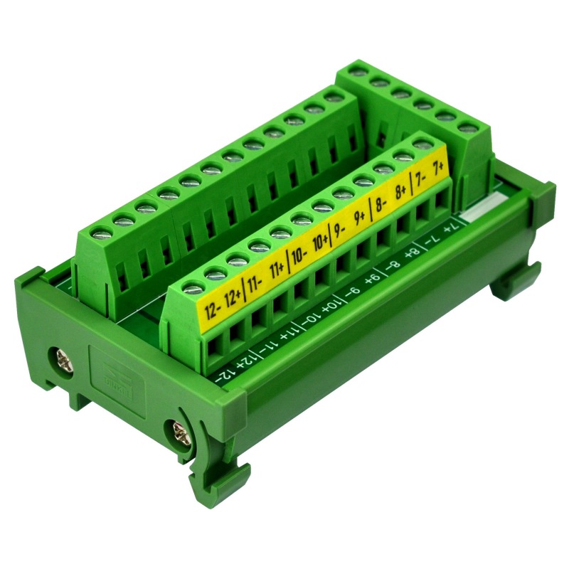 DIN Rail Mount 16Amp 12 Position Terminal Block Distribution Module, with External Switch and Expand Port