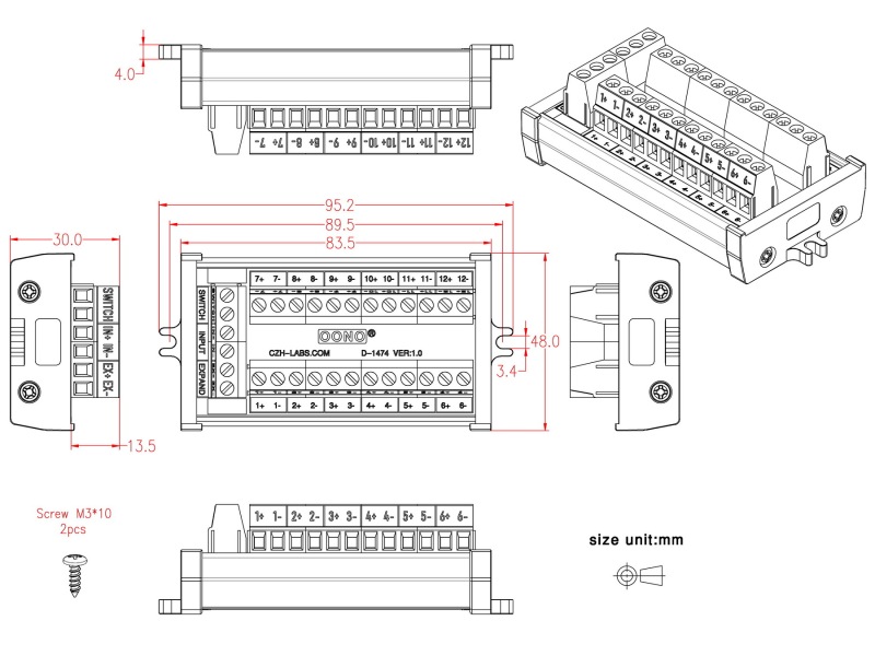 Screw Mount 16Amp 12 Position Terminal Block Distribution Module, with External Switch and Expand Port