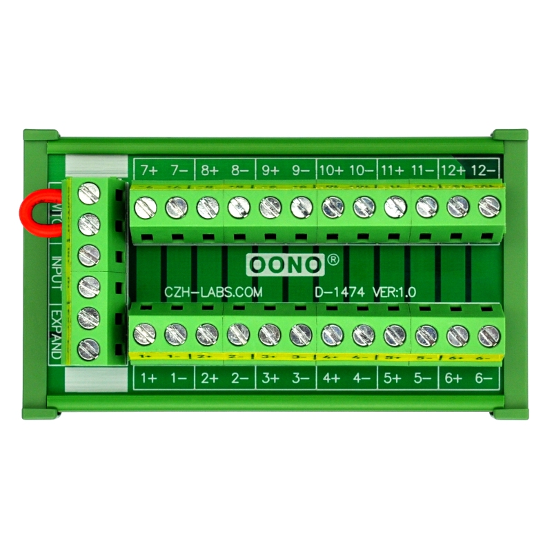 DIN Rail Mount 16Amp 12 Position Terminal Block Distribution Module, with External Switch and Expand Port