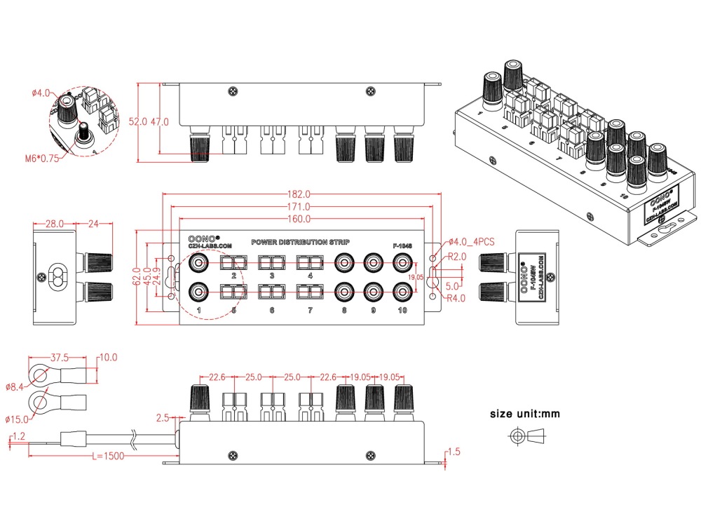 F-1048W Wired Banana Jack and Powerpole 10 Outlet Power Distribution Strip Box