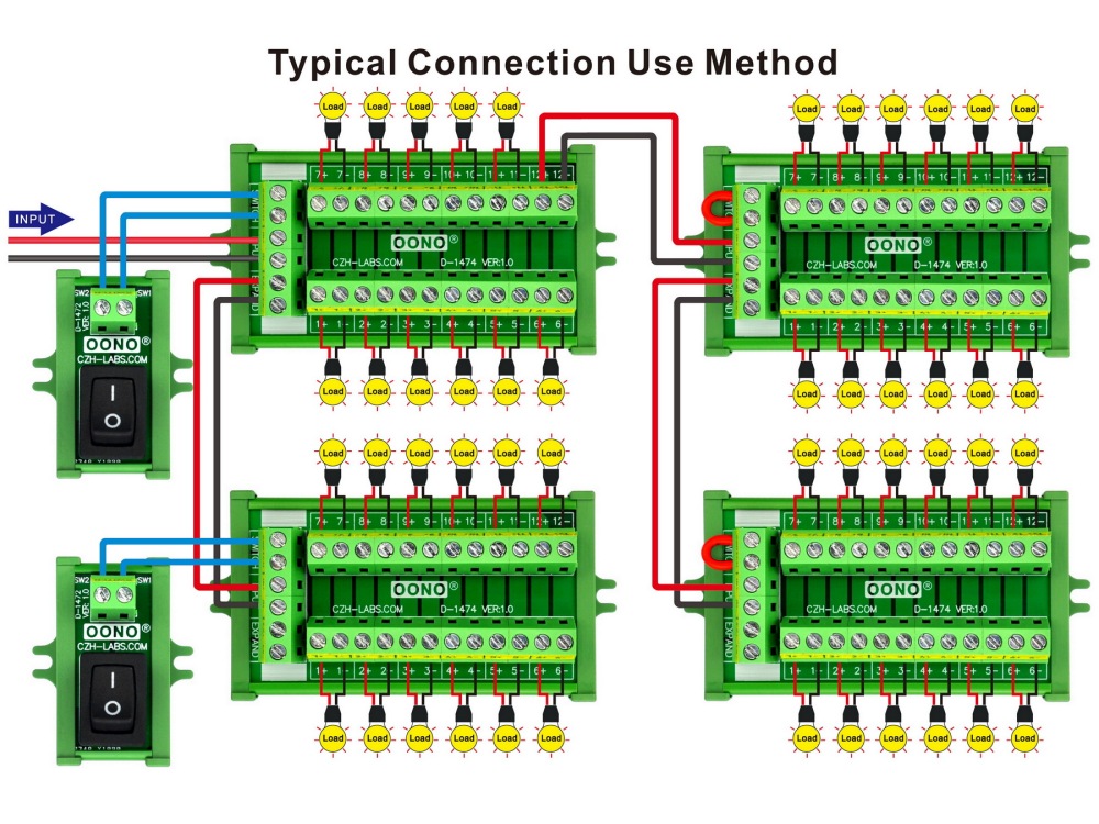 Screw Mount 16Amp 12 Position Terminal Block Distribution Module, with External Switch and Expand Port