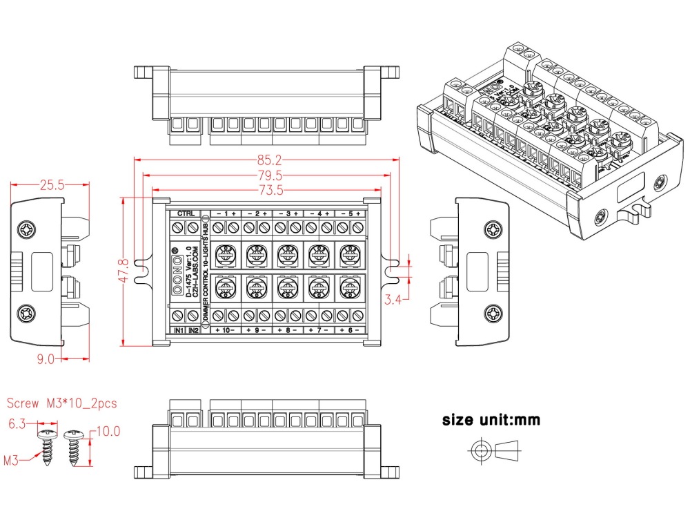 Dimmer Control 10-Lights LED Hub Distribution Module, AC/DC 5 to 24V Input, for HO / N / O Train Model