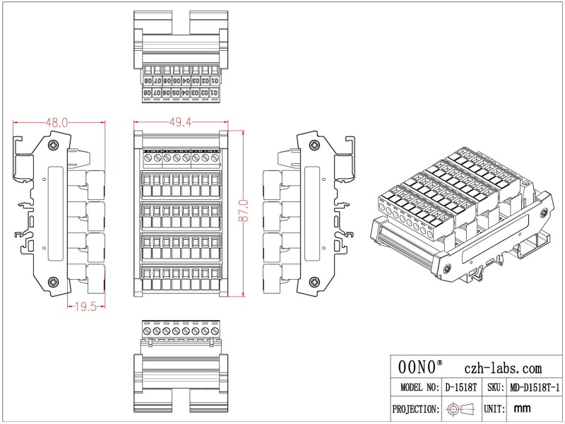 Slim DIN Rail Mount 10A/300V 5x8 Position Pluggable Screw Terminal Block Distribution Module