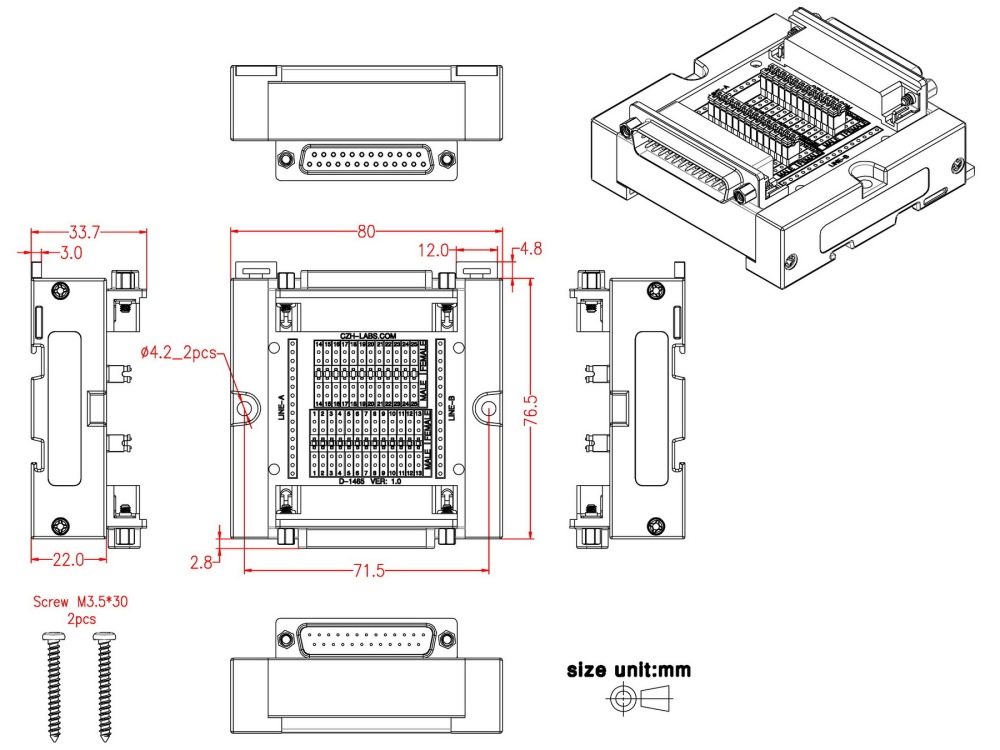 DB25 DSUB 25-Pin Male to Female Diagnostic Test Breakout Board, DIN Rail or Screw Mount