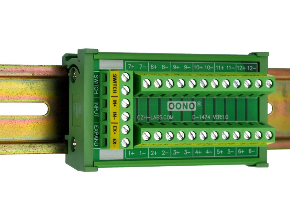 DIN Rail Mount 16Amp 12 Position Terminal Block Distribution Module, with External Switch and Expand Port