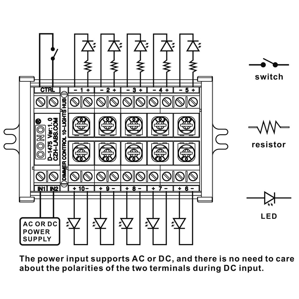 Dimmer Control 10-Lights LED Hub Distribution Module, AC/DC 5 to 24V Input, for HO / N / O Train Model