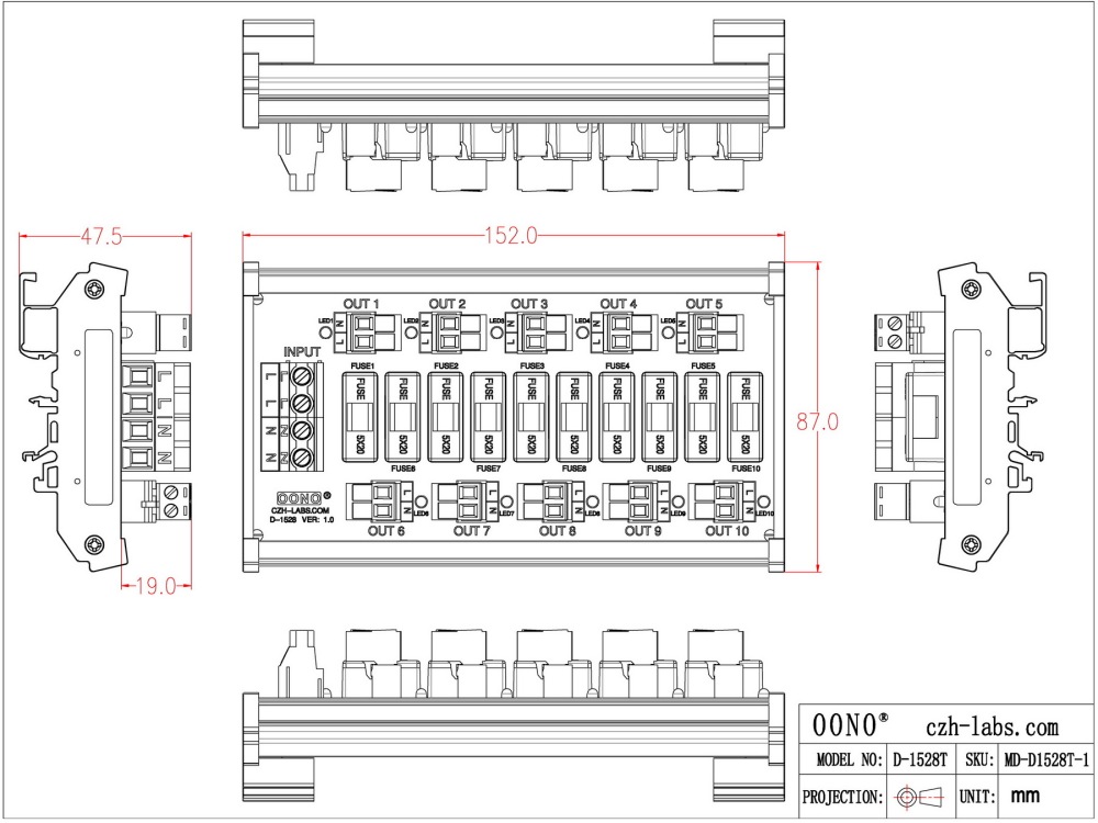 DIN Rail Mount Fused AC 24-250V 10 Position Pluggable Terminal Block Power Distribution Module