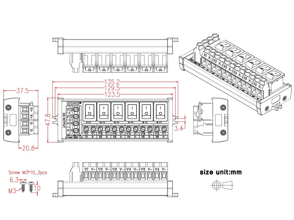 Screw Mount 6 Channel Rocker Switch DC Power Distribution Strip Module
