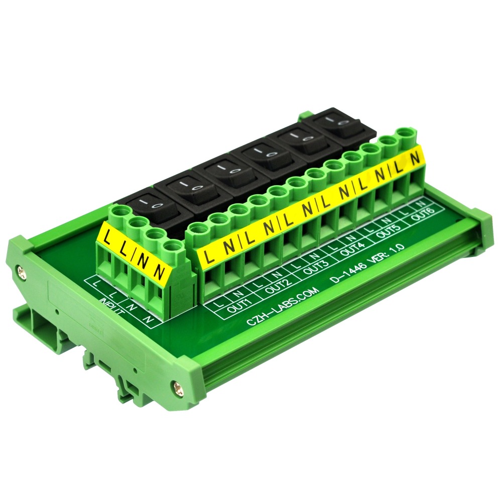 DIN Rail Mount 6 Channel Rocker Switch AC 115V 230V Power Distribution Strip Module