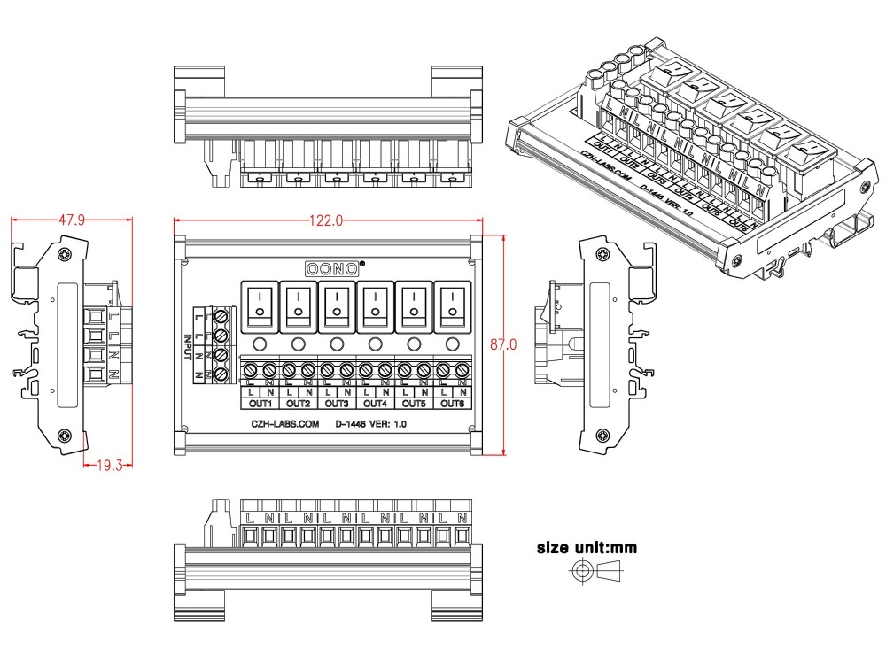 DIN Rail Mount 6 Channel Rocker Switch AC 115V 230V Power Distribution Strip Module