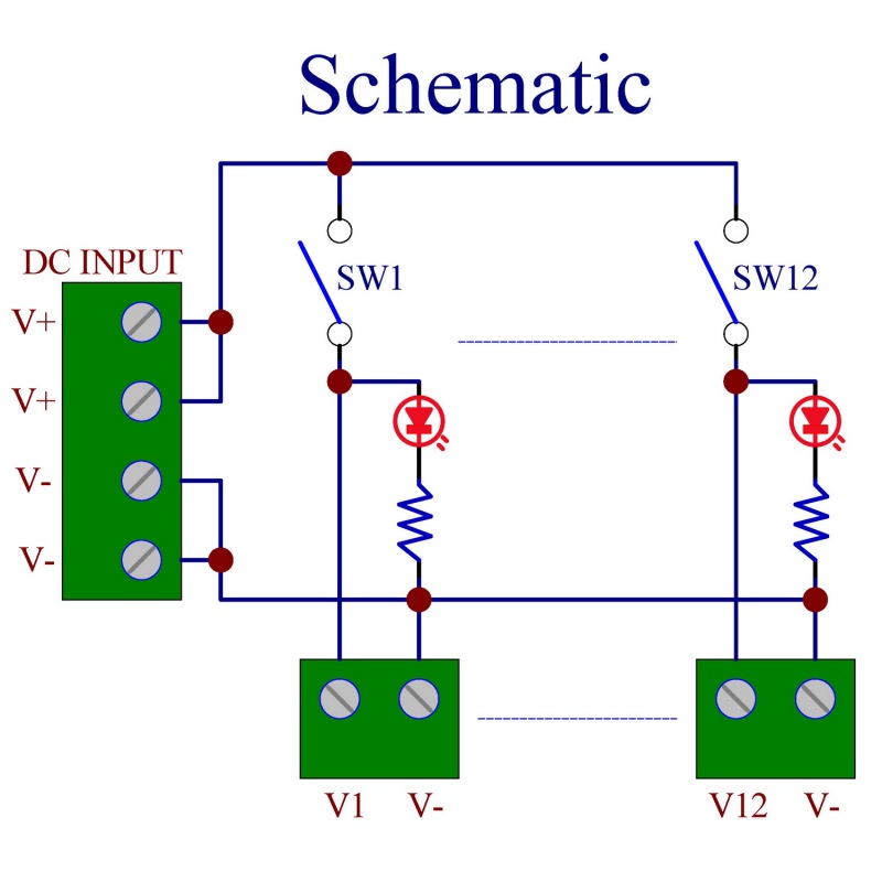 DIN Rail Mount 12 Channel Rocker Switch DC Power Distribution Strip Module