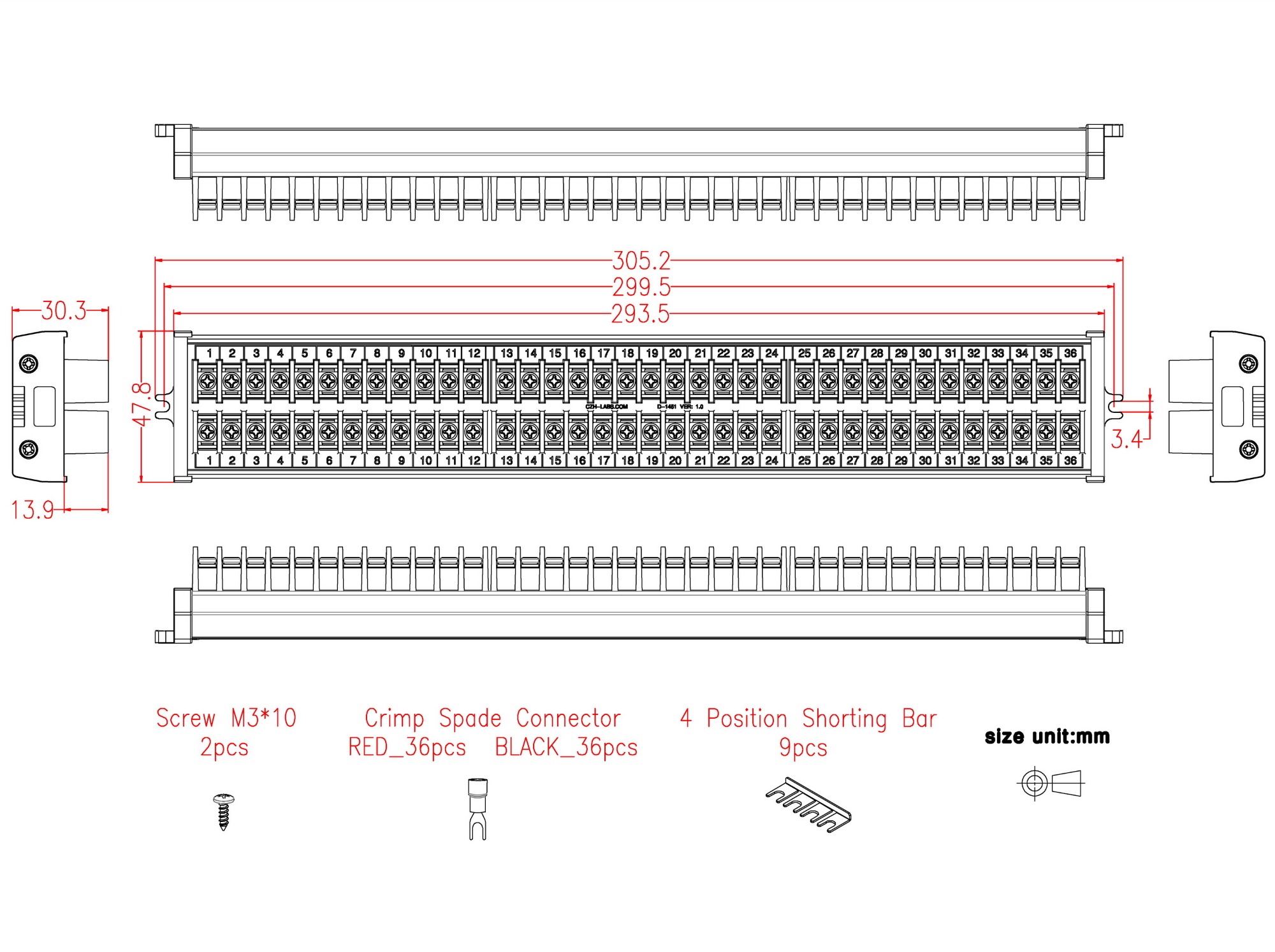 Block Module Width Chart 20Amp 2x36 Position Barrier Terminal Block Module