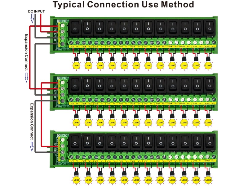DIN Rail Mount 12 Channel Rocker Switch DC Power Distribution Strip Module