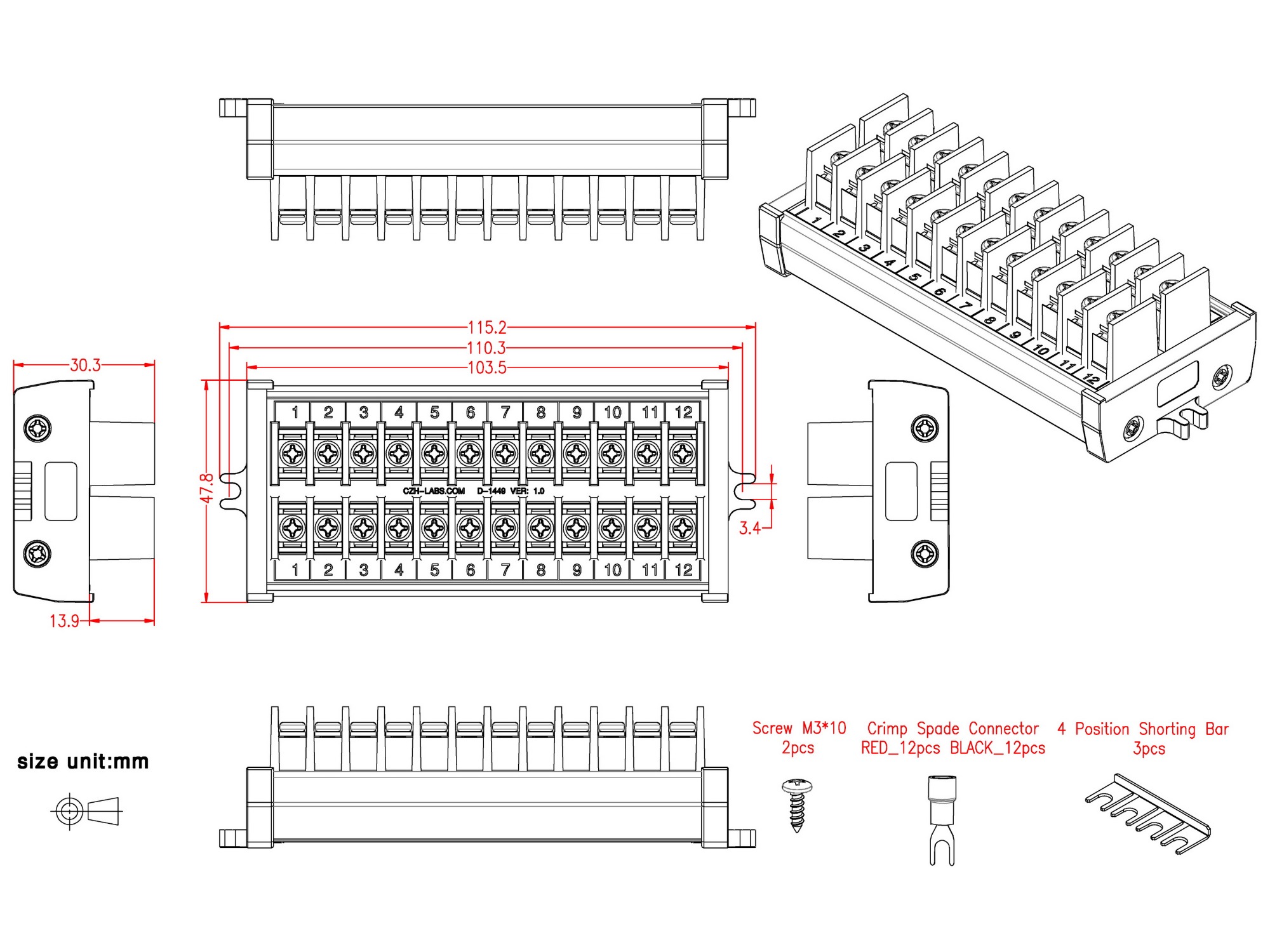 20Amp 2x12 Position Barrier Terminal Block Module