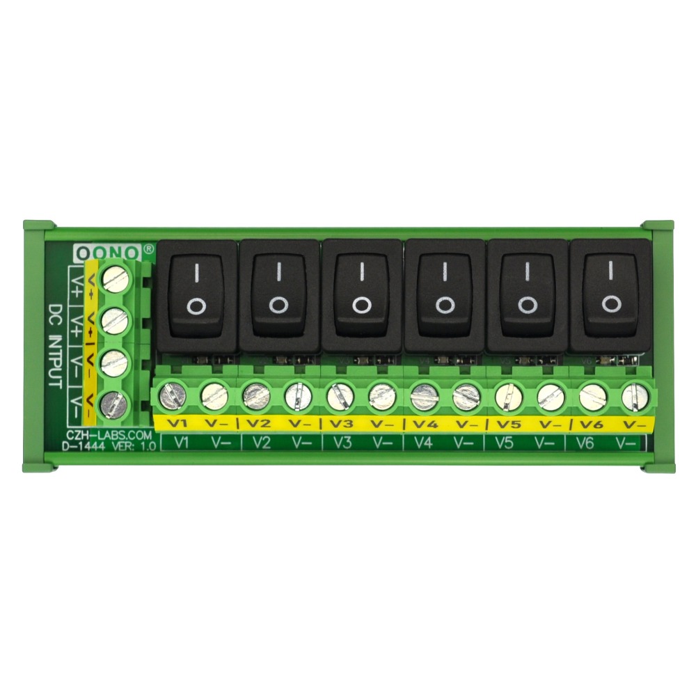 DIN Rail Mount 6 Channel Rocker Switch DC Power Distribution Strip Module