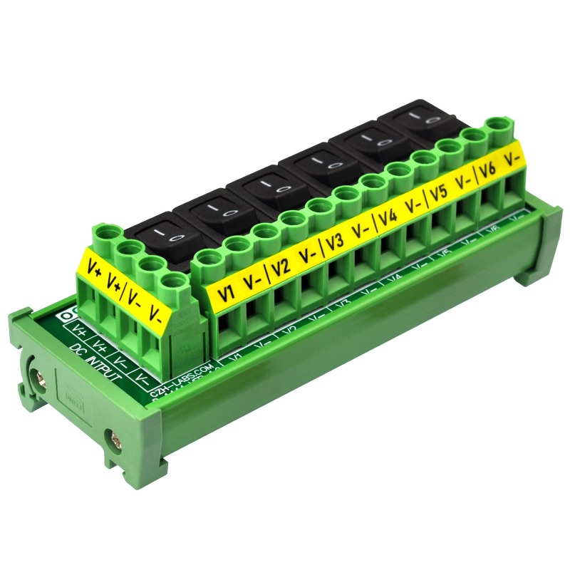 DIN Rail Mount 6 Channel Rocker Switch DC Power Distribution Strip Module