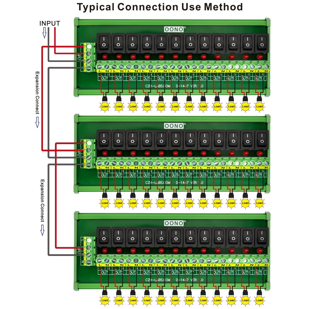 DIN Rail Mount 12 Channel Rocker Switch AC 115V 230V Power Distribution Strip Module