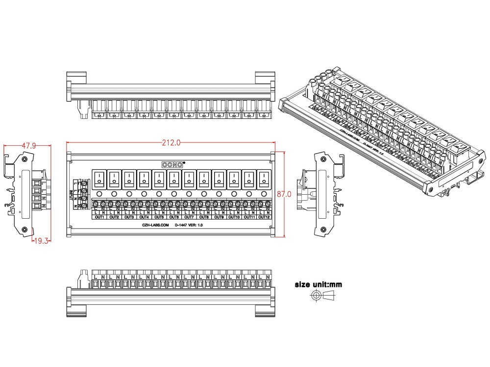 DIN Rail Mount 12 Channel Rocker Switch AC 115V 230V Power Distribution Strip Module